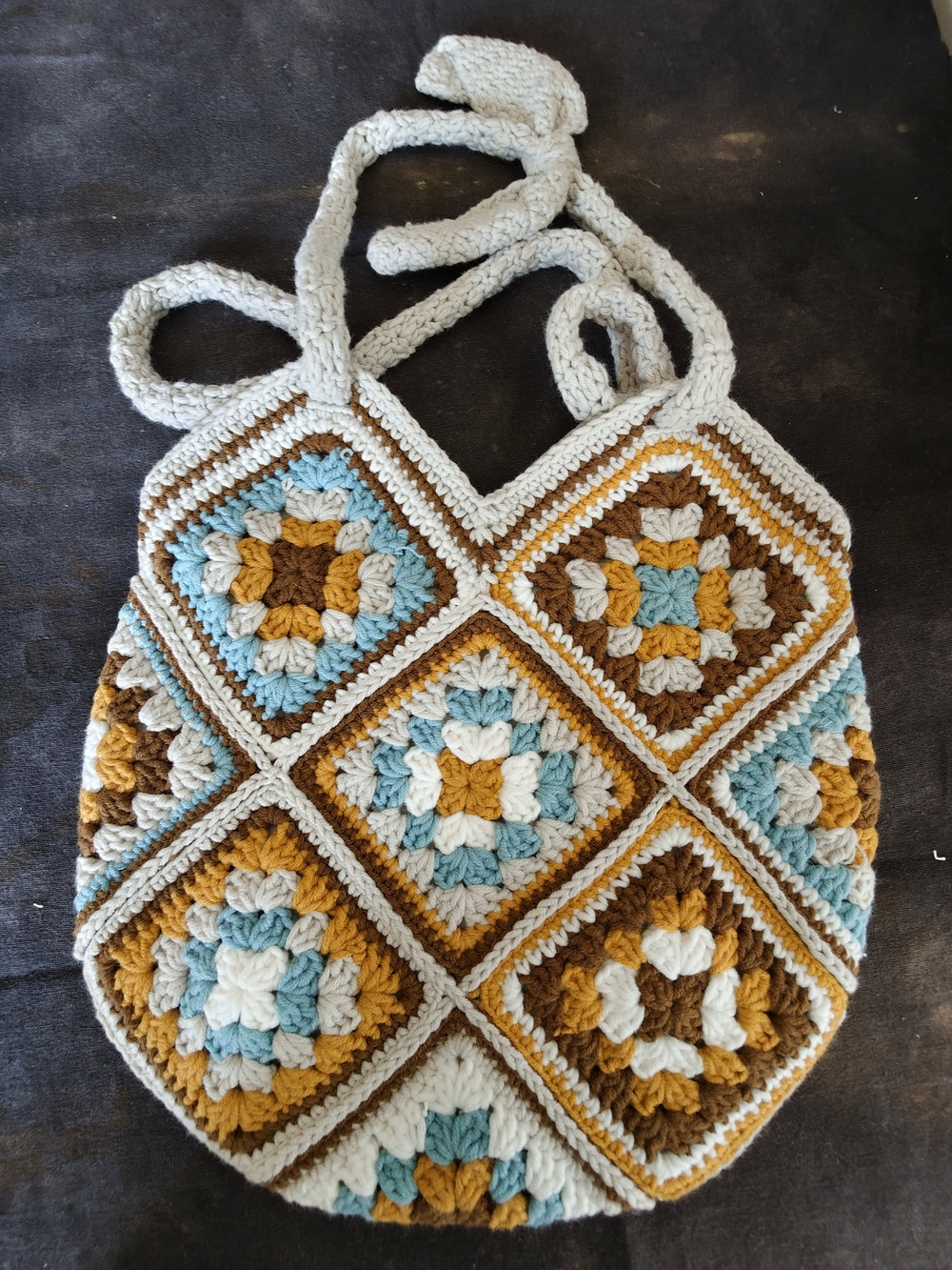 Handmade Crochet Bucket Bag with White Fabric Lining, Boho Tote